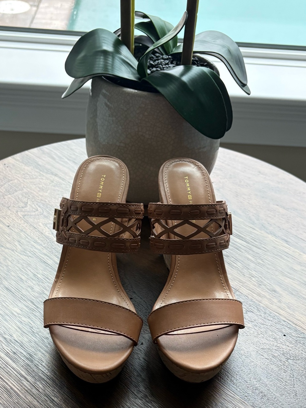 Tommy Hilfiger 8.5 Tan Woven-Strap Wedge